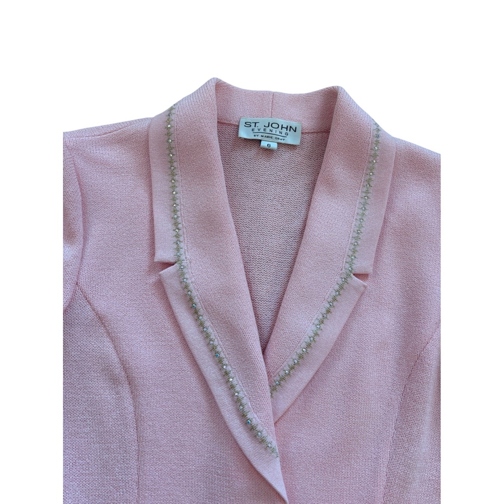 St. John Evening Marie Gray Pink Knit Skirt Suit Rhinestone Trim Blazer Set 6 - Picture 8 of 13